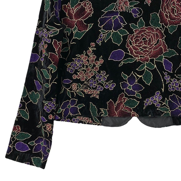 Vintage Black Velveteen Large Print Floral Evening Blazer Gold Metallic … - Picture 8 of 15